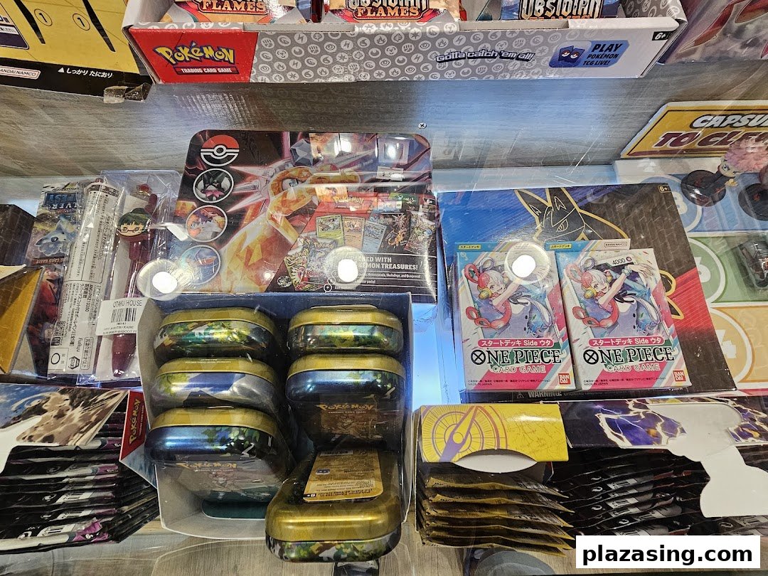 A vibrant display of Pokémon and One Piece trading card game products and anime merchandise.