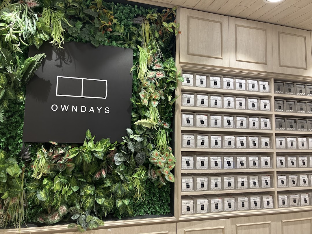 The OWNDAYS logo is displayed on a vibrant green wall next to shelves of packaged contact lenses.