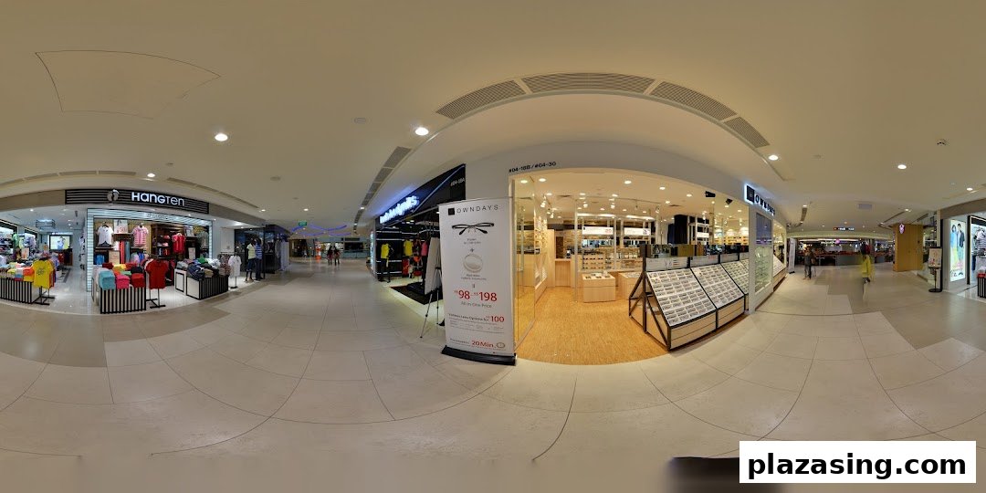 A wide-angle view of the OWNDAYS eyewear shop entrance in Plaza Singapura, showcasing its modern interior.