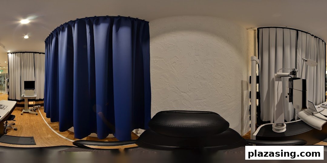 Interior view of an OWNDAYS shop, featuring private consultation areas with blue and white curtains and optical equipment.