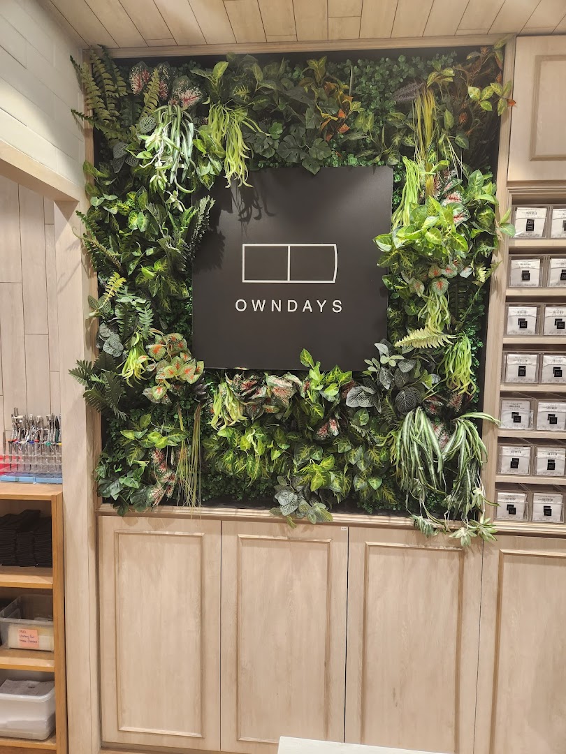 The OWNDAYS logo is prominently displayed on a lush green wall feature inside the store.