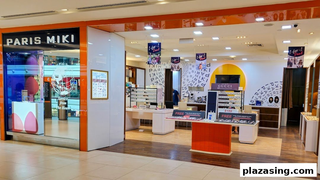 The storefront and interior of Paris Miki, an optical shop, featuring eyewear displays and promotional banners.