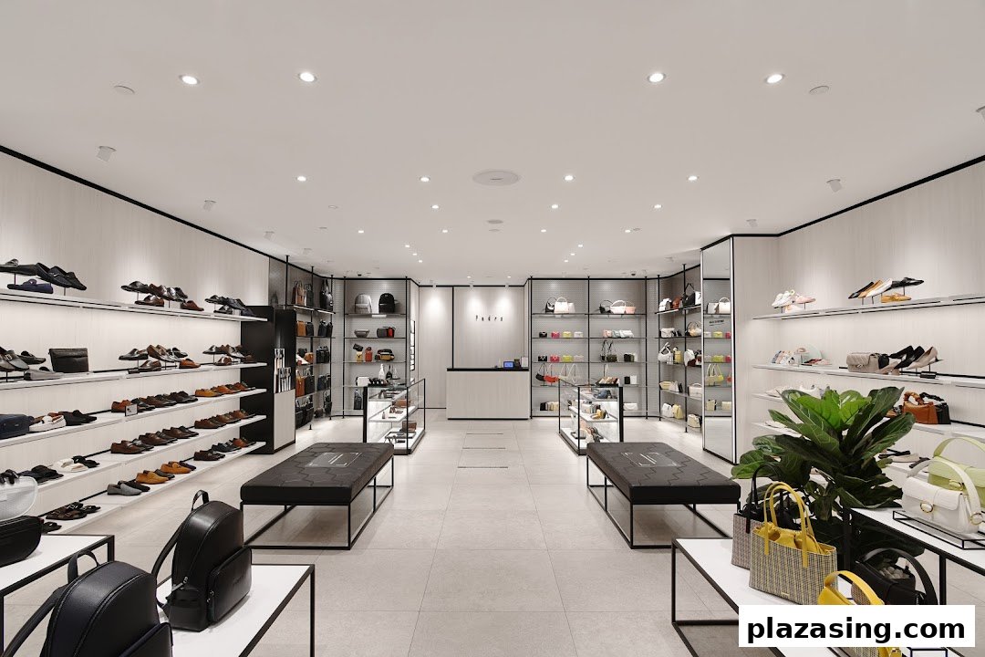 A brightly lit, modern retail interior of PEDRO, showcasing a wide array of shoes, bags, and accessories.