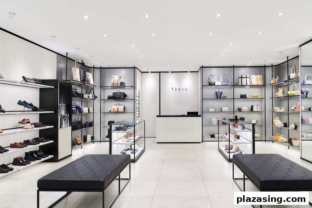 A bright, modern retail interior showcasing a wide selection of shoes and handbags on display shelves.