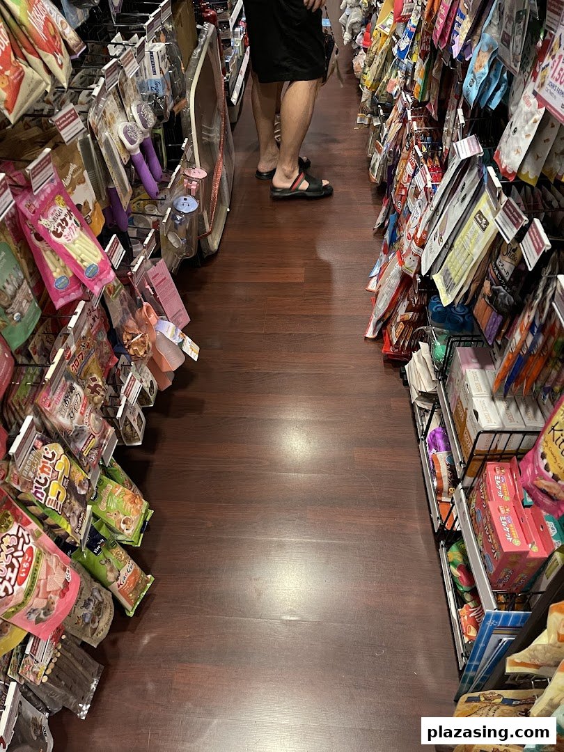 An aisle inside Pet Lovers Centre, showcasing shelves packed with various pet products and treats.