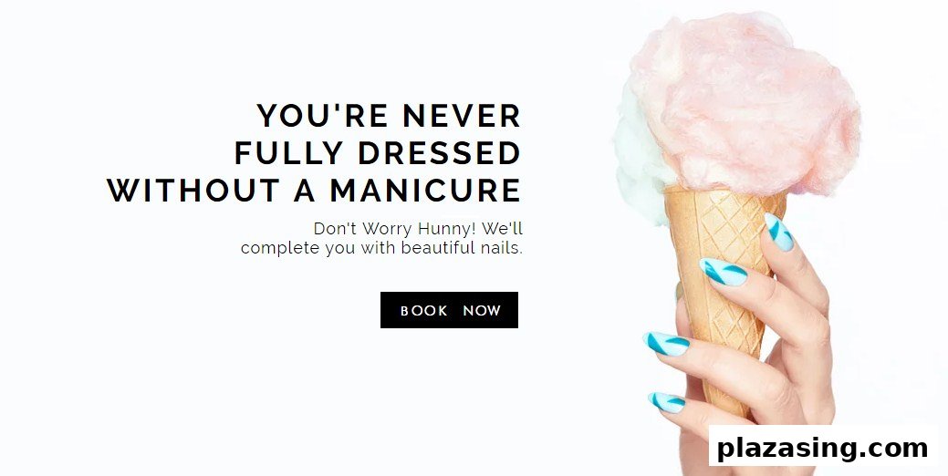 A hand with stylish blue manicured nails holds a cotton candy cone, alongside promotional text for manicures.
