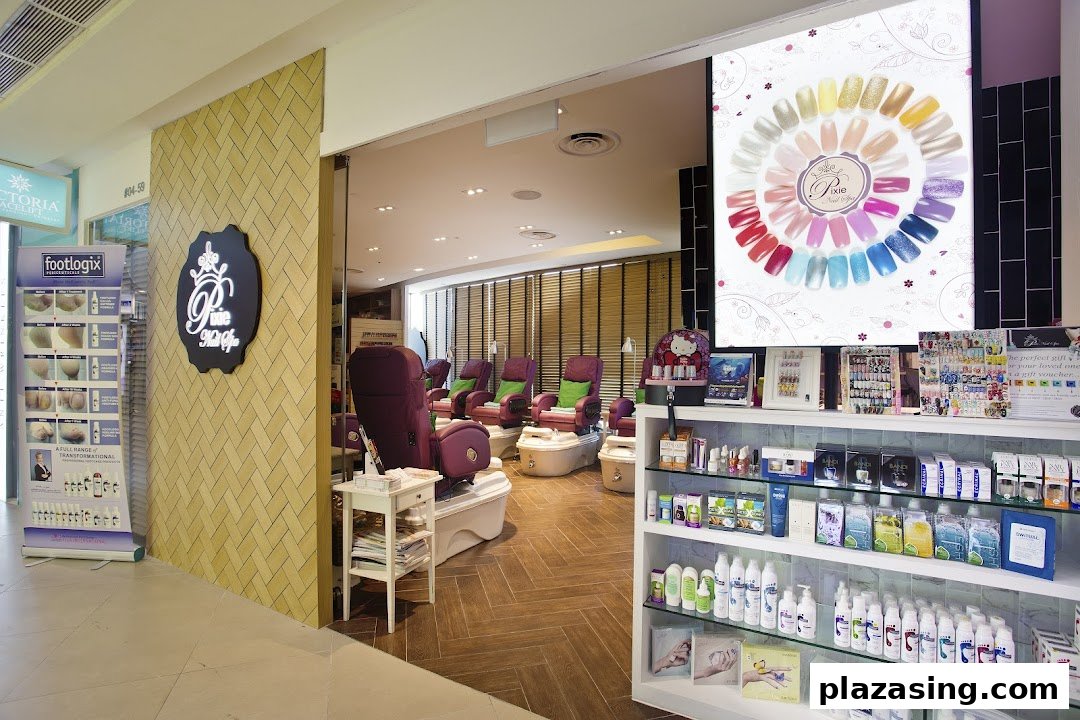 The inviting entrance of Pixie Nail Spa, showcasing comfortable pedicure chairs and a wide range of nail products.