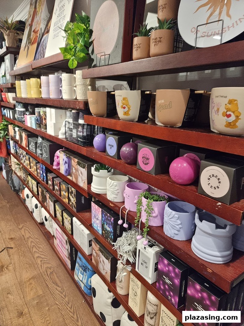 Shelves filled with a diverse range of lifestyle products, including mugs, candles, and decorative items.