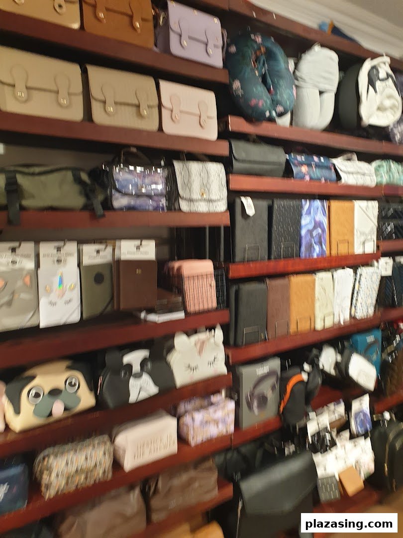 Shelves filled with a diverse collection of bags, pouches, and accessories in a retail store.