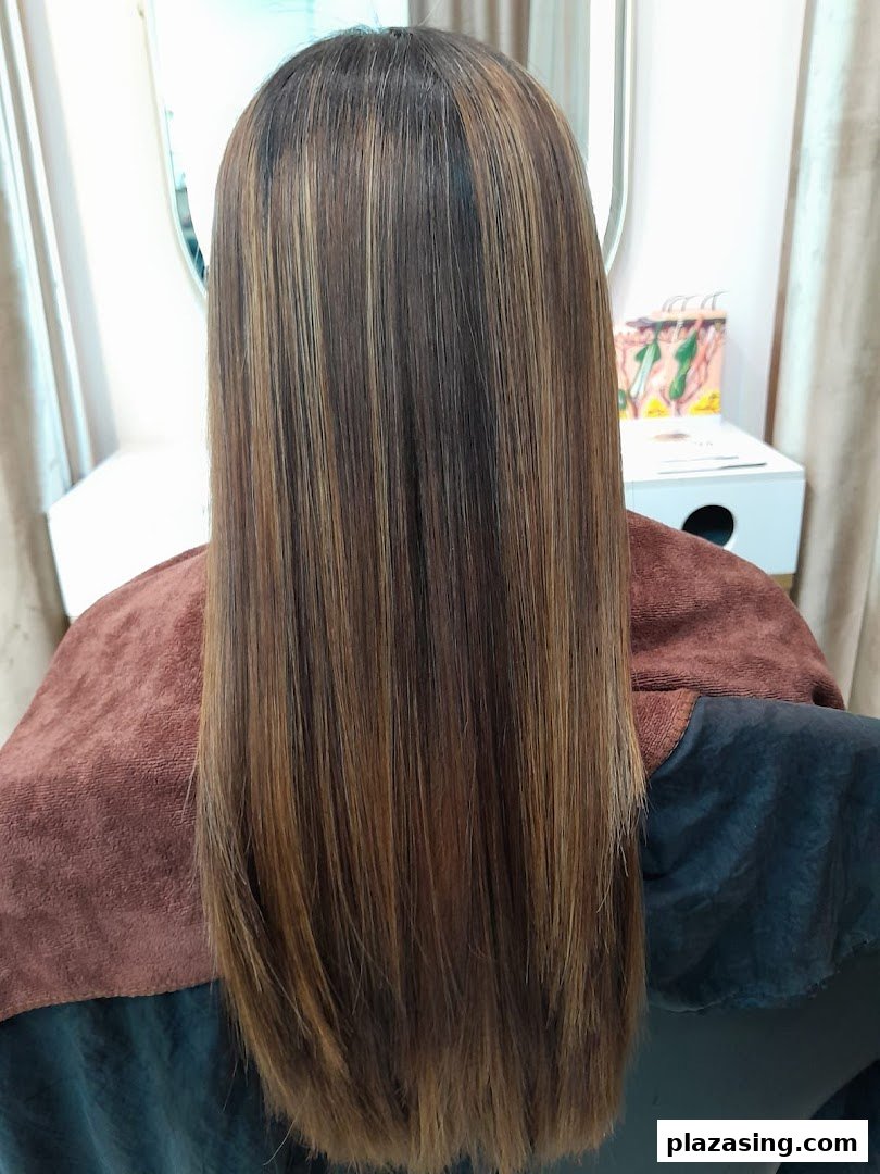 A person with long, straight, highlighted hair, showcasing a salon treatment result.