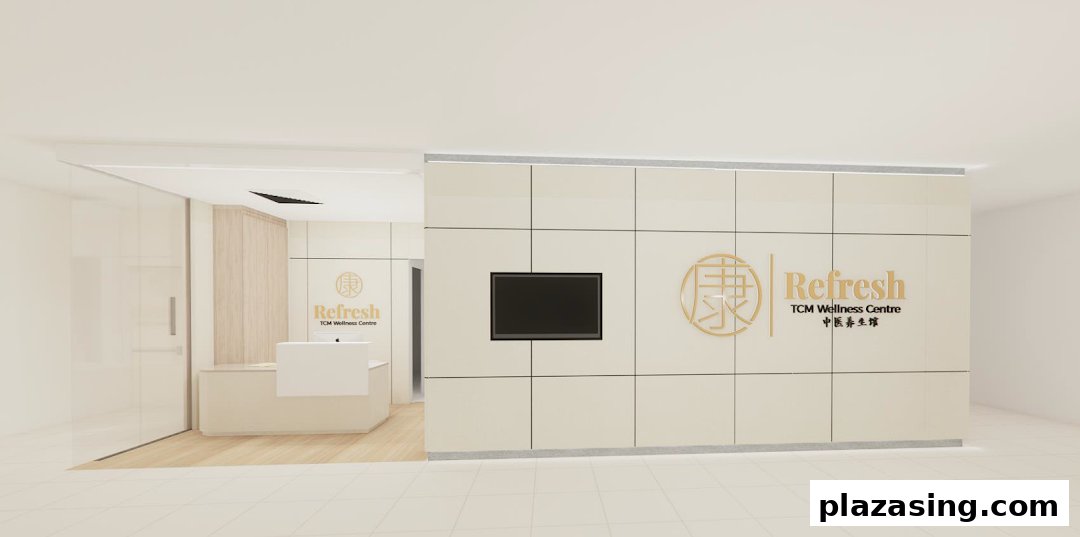 A modern and inviting reception area of Refresh TCM Wellness Centre, featuring its prominent logo.