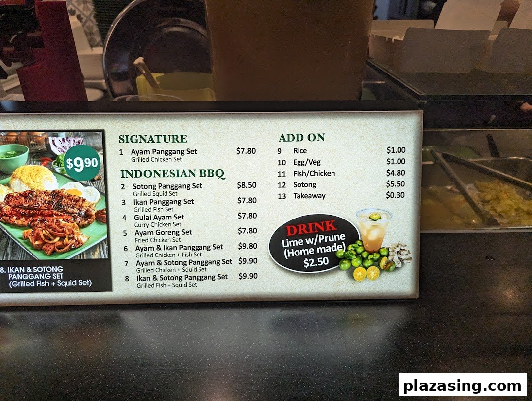 A detailed menu board displaying Indonesian BBQ sets, add-ons, and a homemade drink.