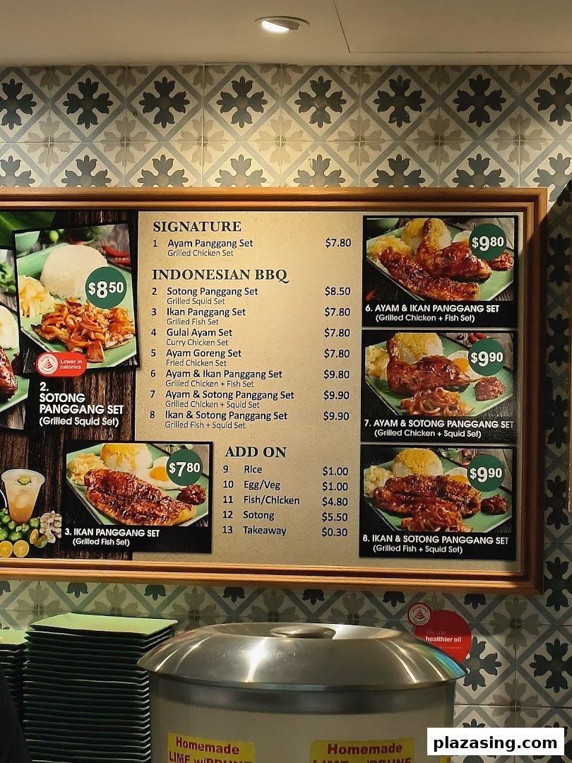 A vibrant menu board showcasing various Indonesian BBQ dishes with prices and images.
