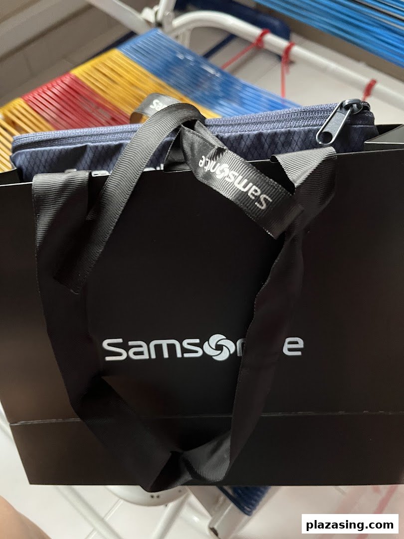A Samsonite shopping bag with a blue patterned pouch visible inside, showcasing a recent purchase.