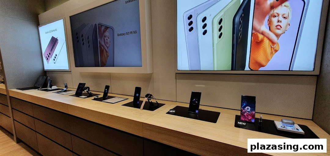 A display of Samsung smartphones and smartwatches with large promotional screens in a modern retail setting.
