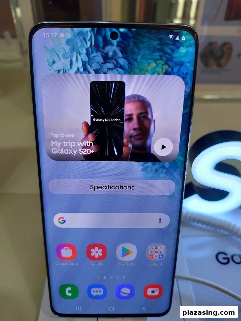 Close-up of a Samsung Galaxy S20+ display showcasing its interface and apps.