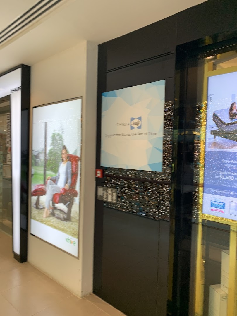Exterior view of Sealy Sleep Boutique showcasing promotional displays for mattresses and sleep solutions.