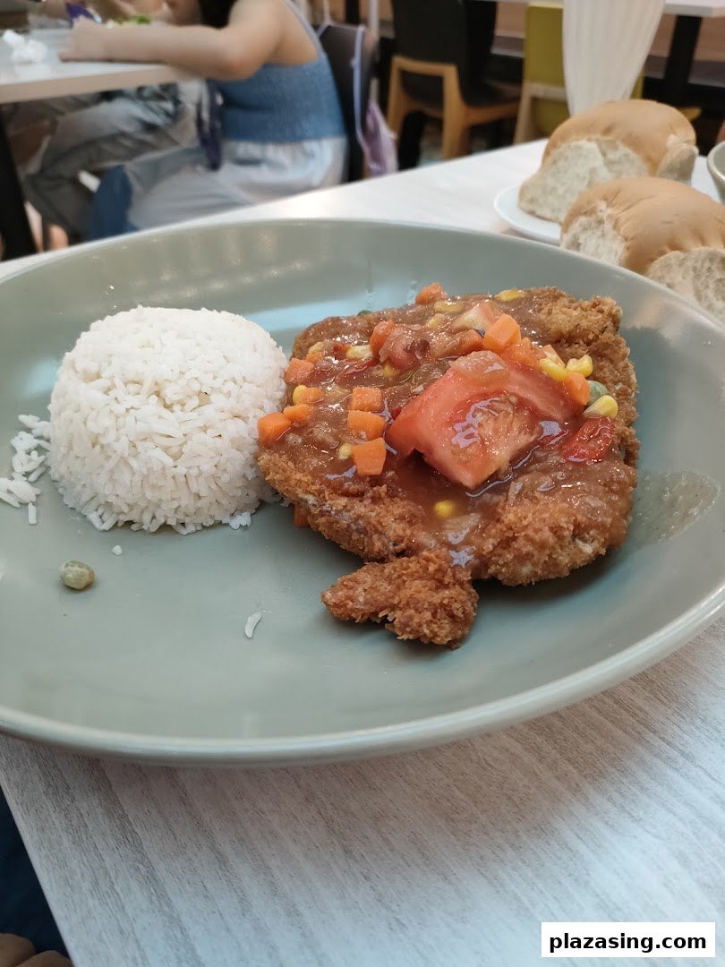 A plate of crispy breaded cutlet with savory sauce, rice, and mixed vegetables.
