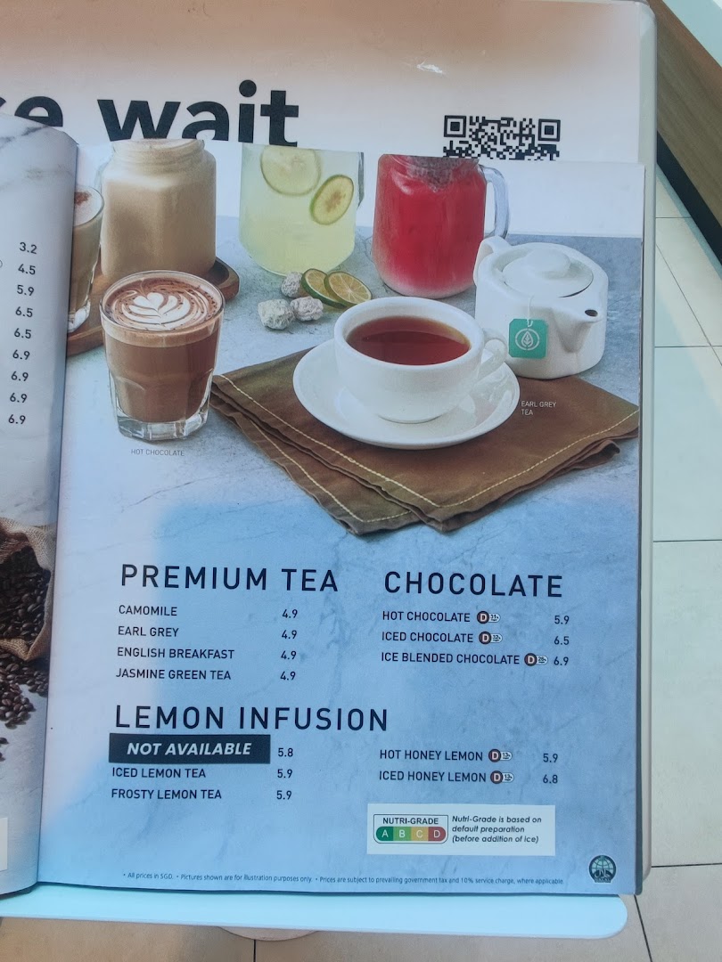 A menu page from Secret Recipe displaying various hot and cold beverages including teas, chocolates, and lemon infusions with prices.