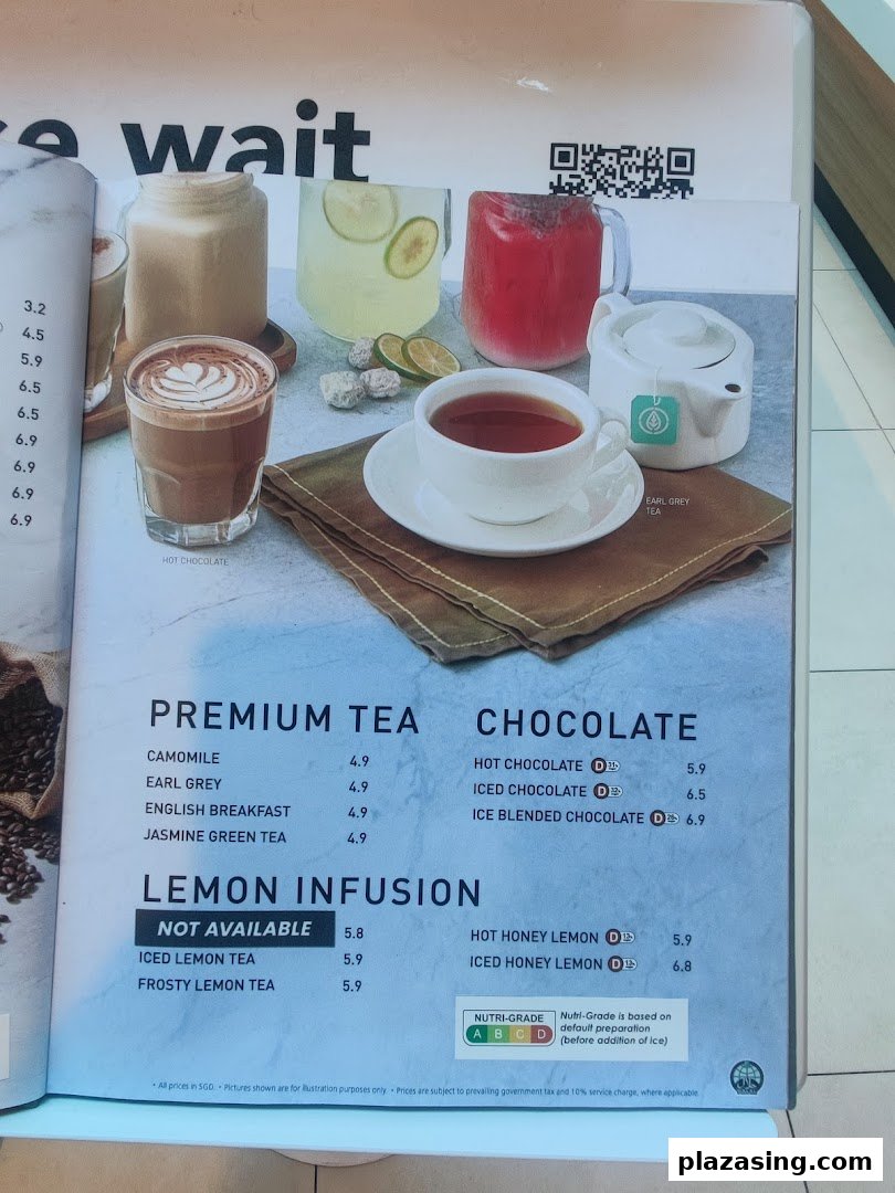 A menu page from Secret Recipe displaying various hot and cold beverages including teas, chocolates, and lemon infusions with prices.