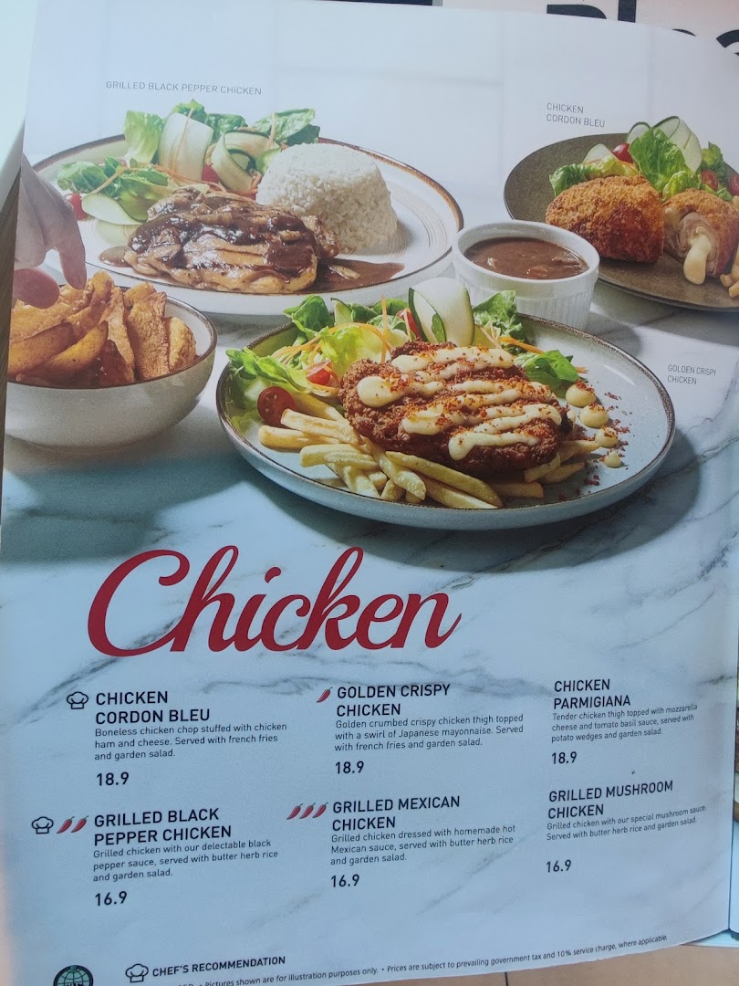 A menu page showcasing various chicken dishes with descriptions and prices from Secret Recipe.