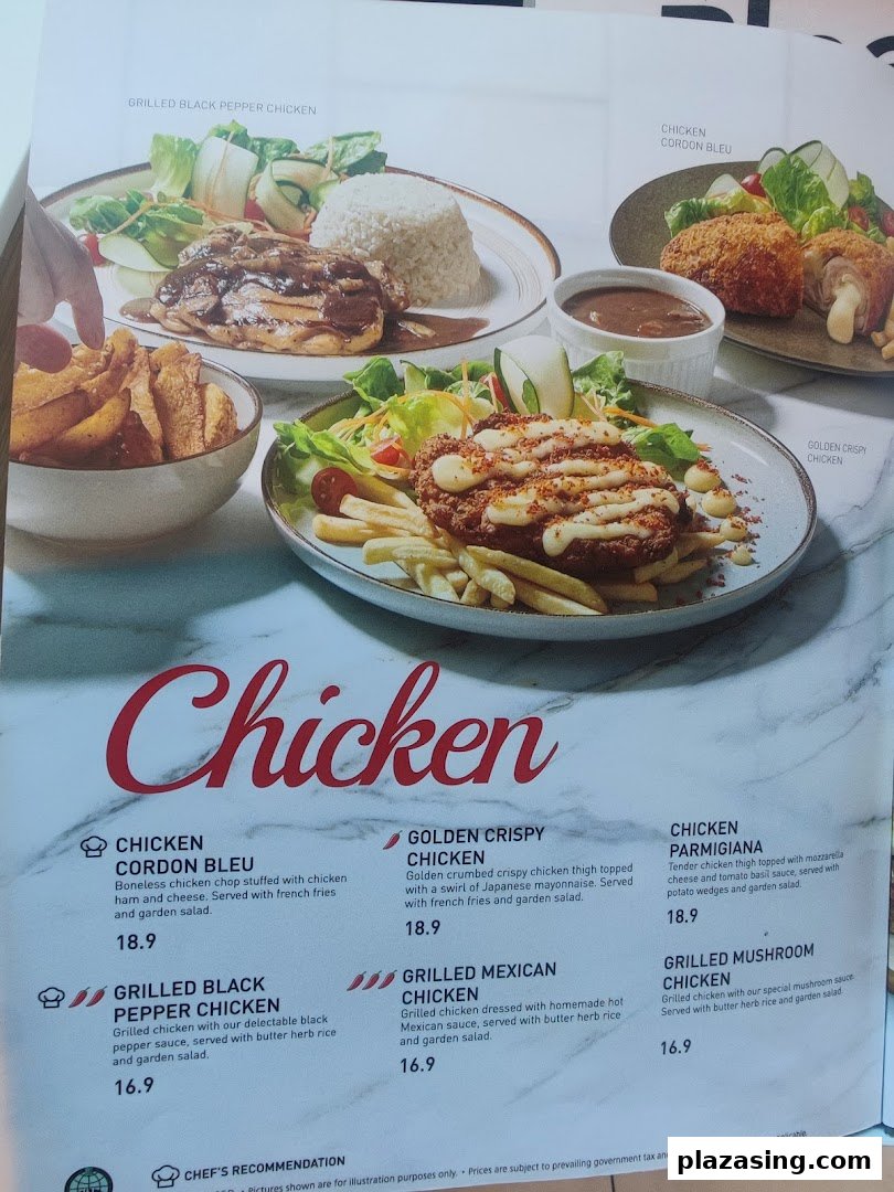 A menu page showcasing various chicken dishes with descriptions and prices from Secret Recipe.