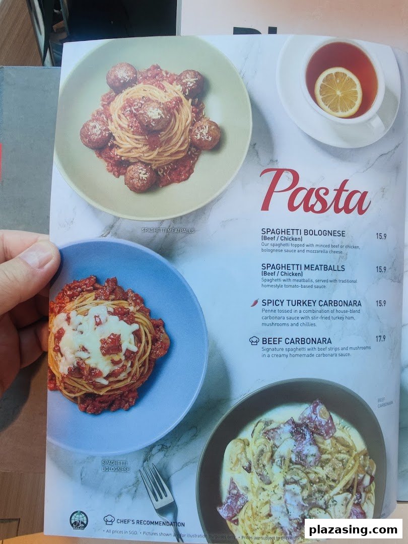 A page from Secret Recipe's menu featuring various pasta dishes with prices and descriptions.