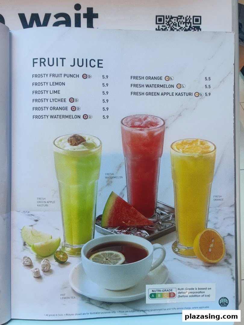 A menu page from Secret Recipe showcasing a variety of refreshing fruit juices and hot lemon tea.