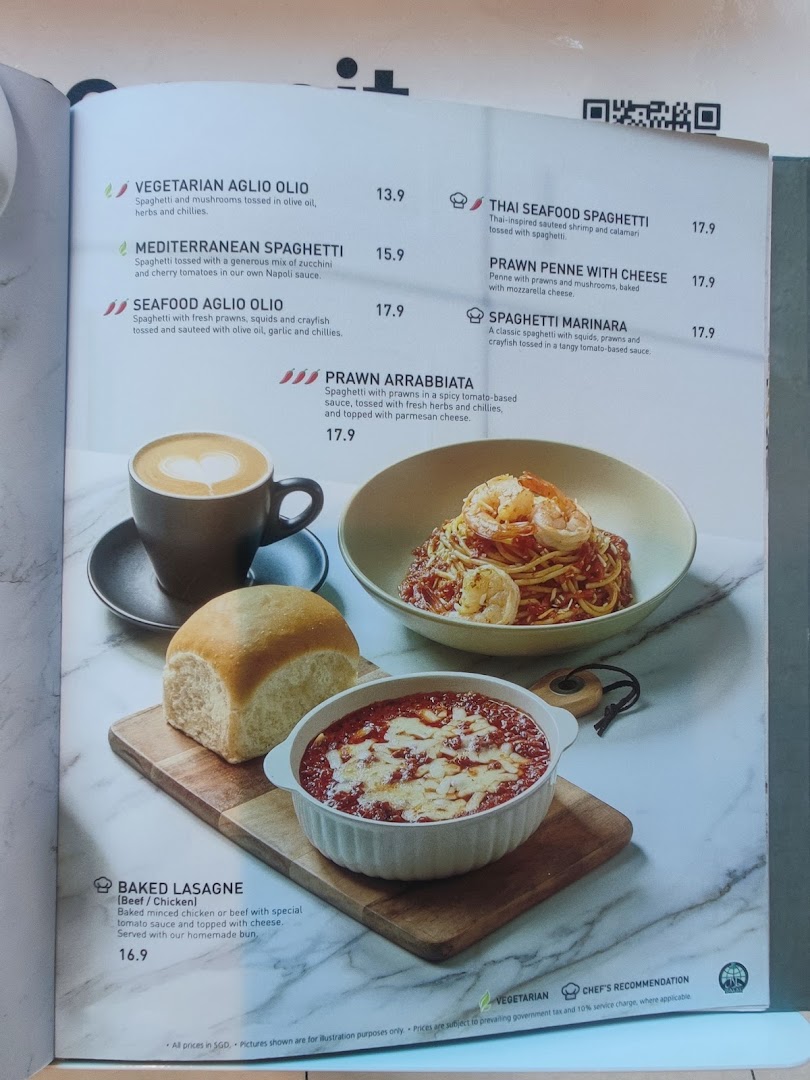 A menu page from Secret Recipe showcasing various pasta dishes, lasagna, and a coffee.