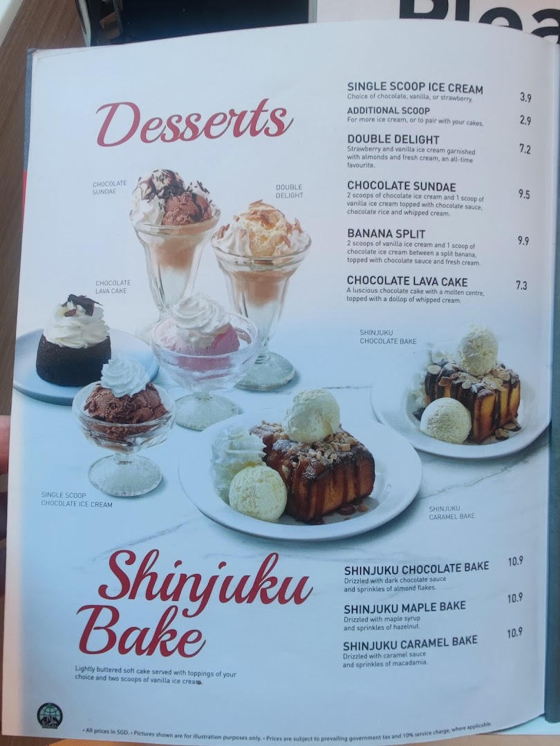 A dessert menu featuring ice cream sundaes, lava cake, and Shinjuku Bake options with prices.