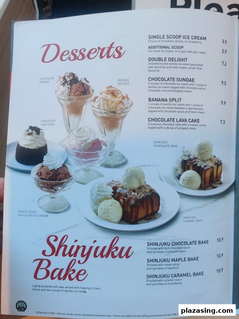 A dessert menu featuring ice cream sundaes, lava cake, and Shinjuku Bake options with prices.