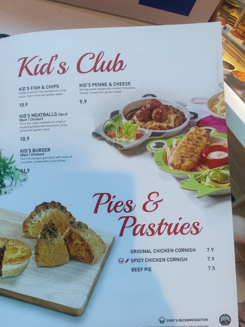A menu page from Secret Recipe featuring Kid's Club meals and a selection of pies and pastries.