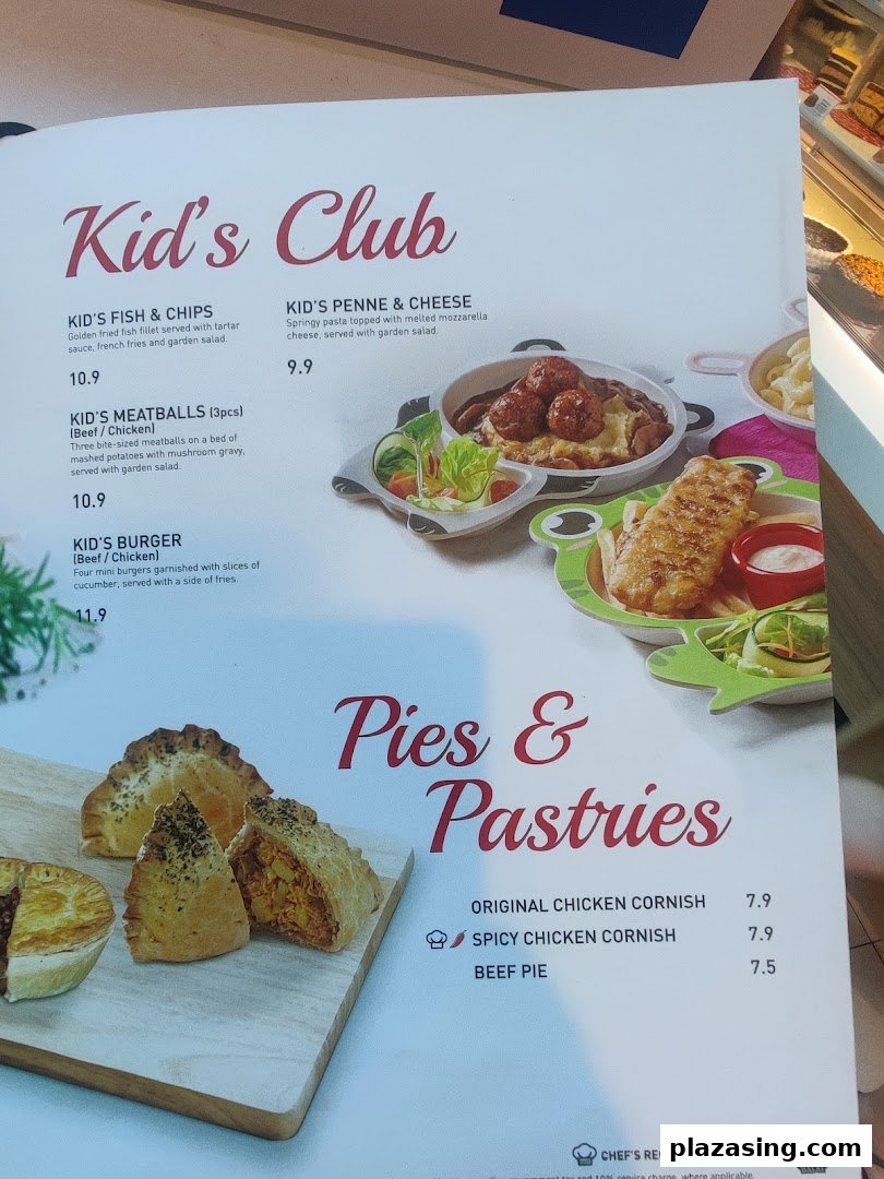 A menu page from Secret Recipe featuring Kid's Club meals and a selection of pies and pastries.