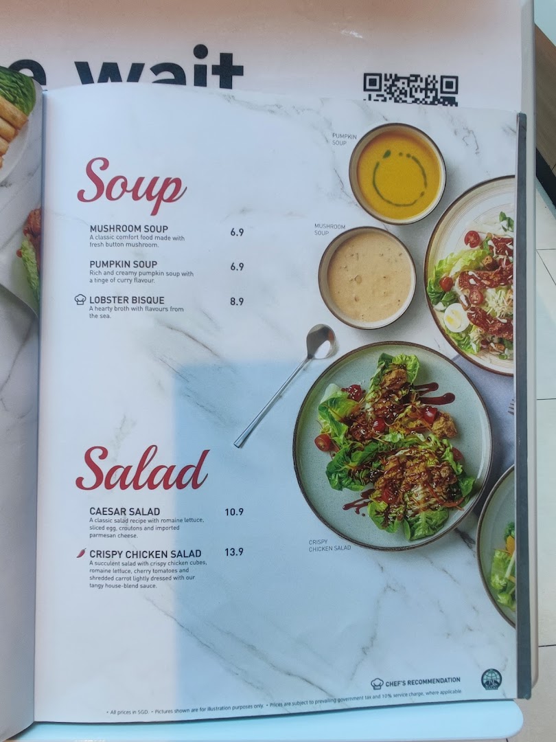 A menu page from Secret Recipe featuring a selection of soups and salads with prices.