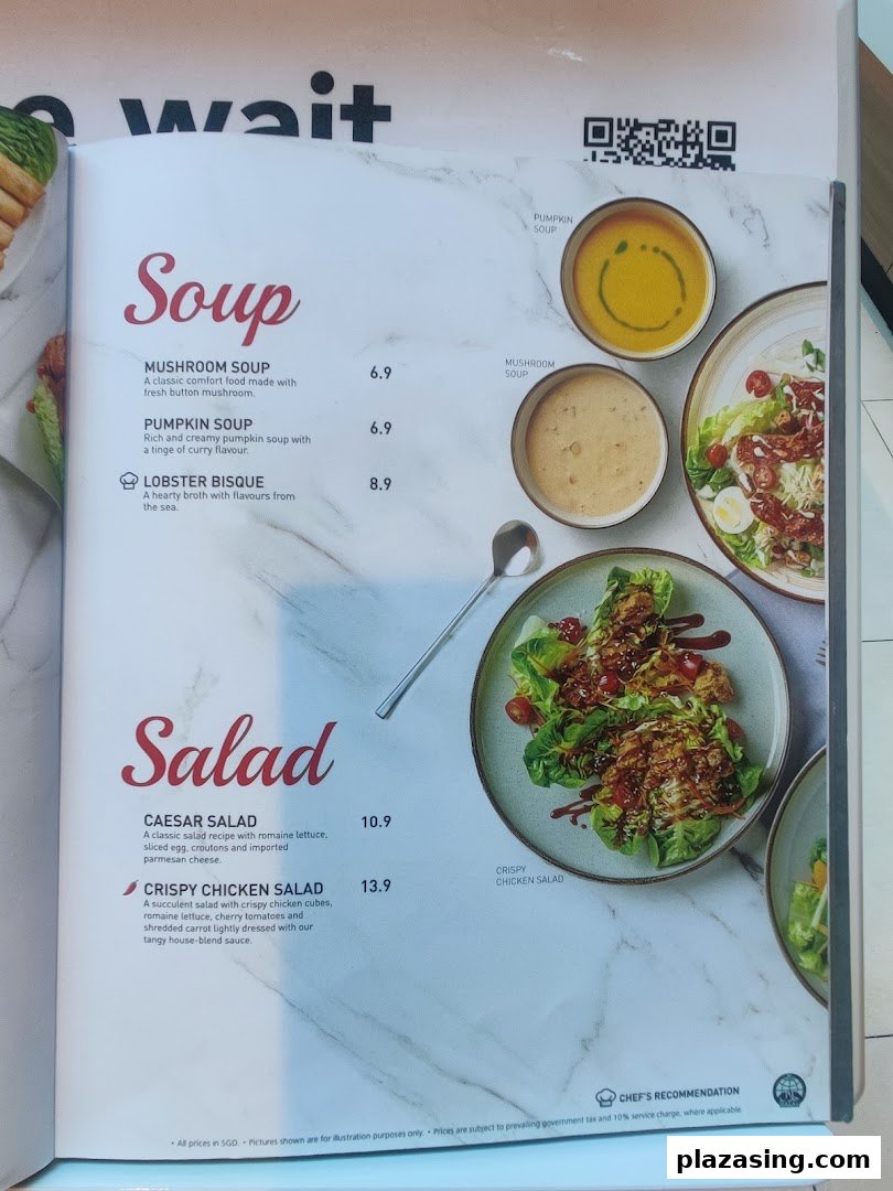 A menu page from Secret Recipe featuring a selection of soups and salads with prices.
