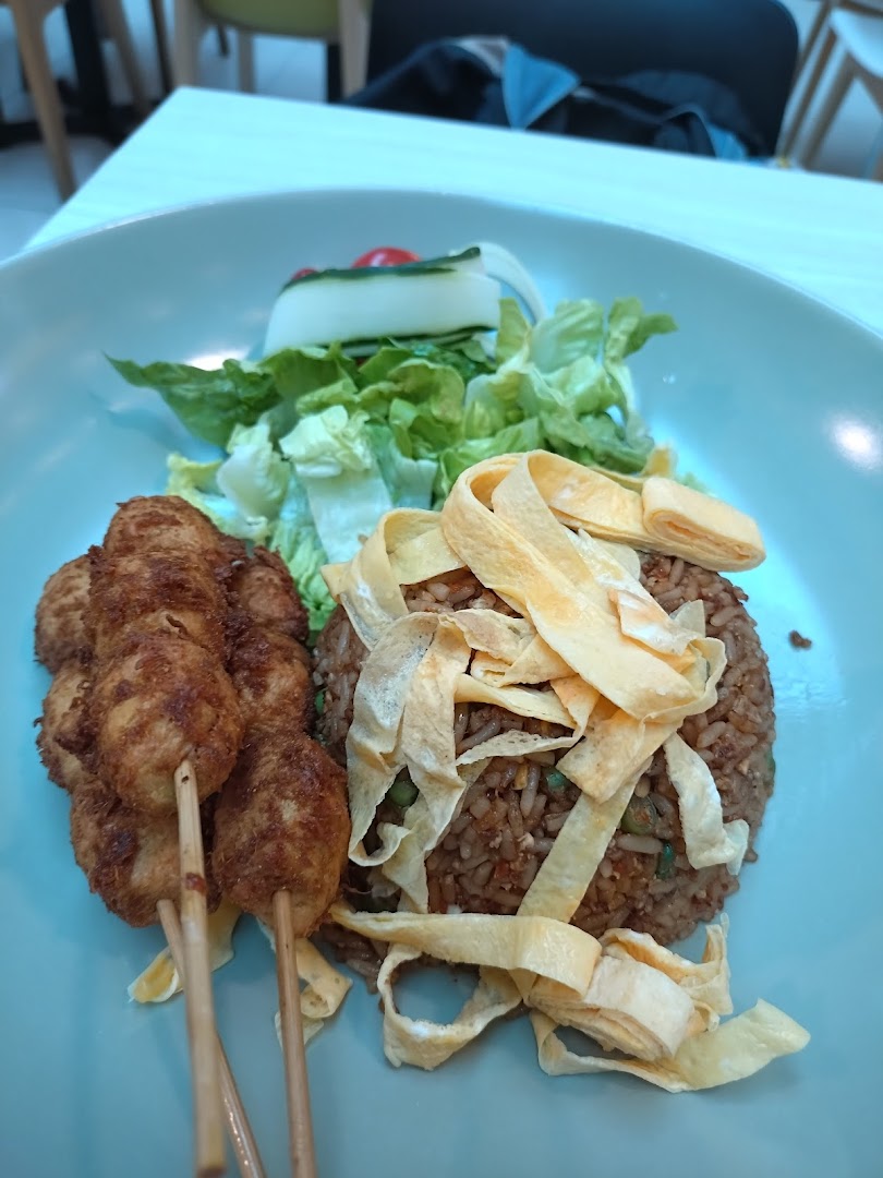 A plate of fried rice with egg strips, skewers, and a fresh side salad.