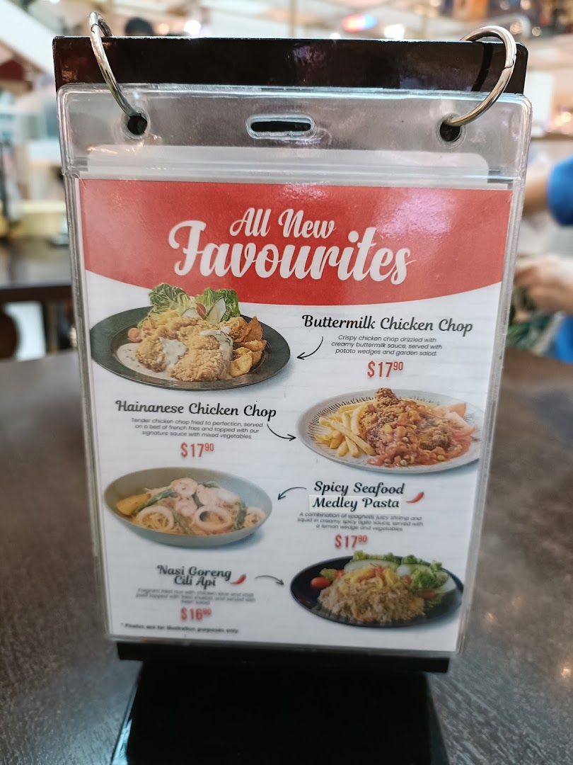 A menu page from Secret Recipe showcasing 'All New Favourites' dishes with images and prices.