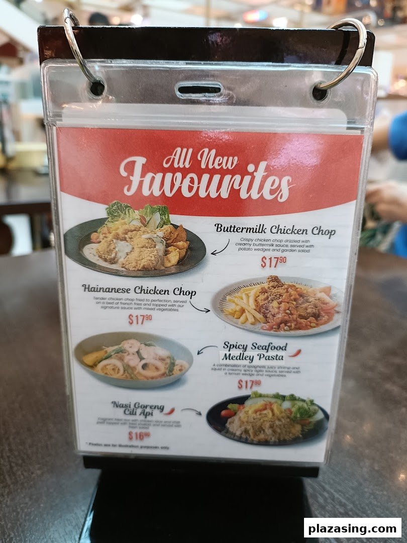 A menu page from Secret Recipe showcasing 'All New Favourites' dishes with images and prices.