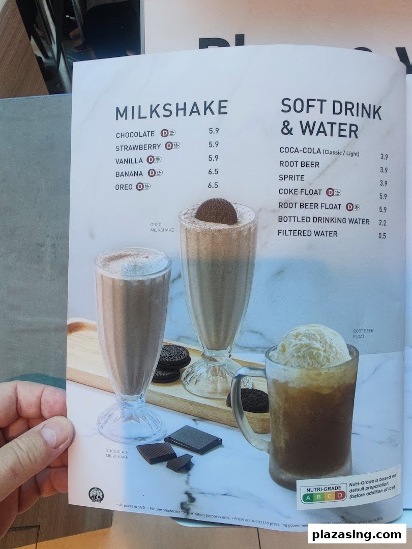 A menu page displaying milkshakes, soft drinks, and water options with prices and Nutri-Grade information.