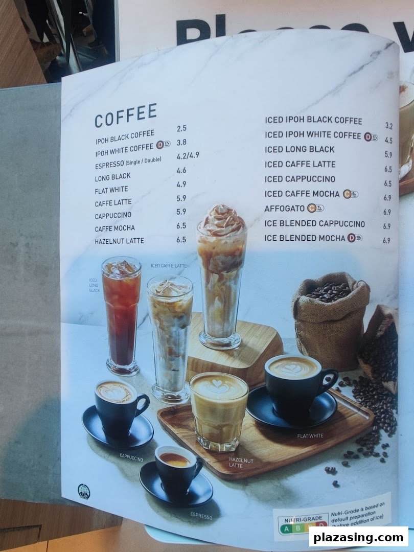 A detailed menu displaying various hot and iced coffee beverages with prices and Nutri-Grade information.