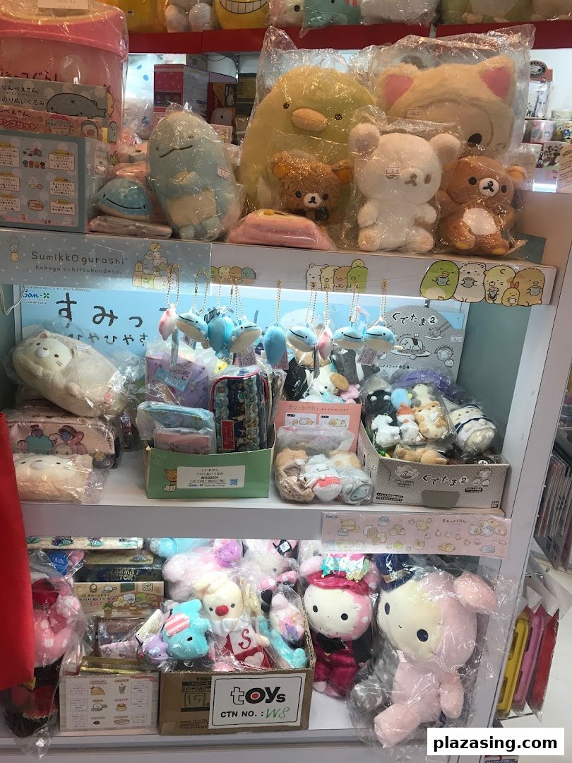 Shelves filled with adorable Japanese character plush toys and merchandise, including Sumikko Gurashi and San-X items.