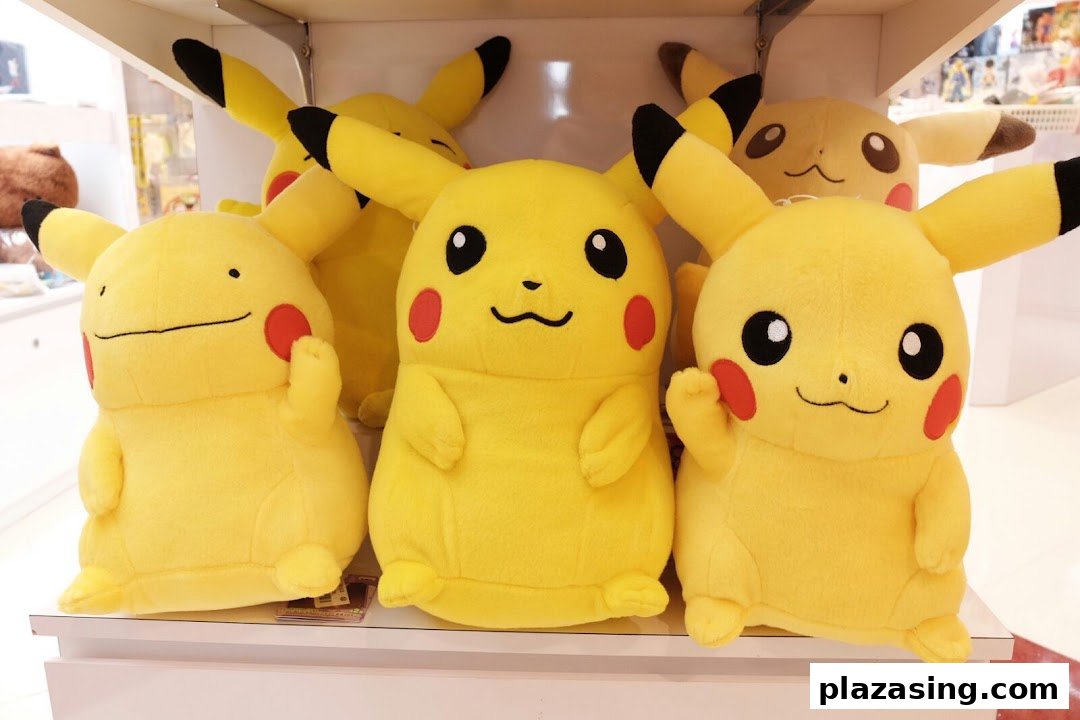 A vibrant display of various yellow Pikachu plush toys on a retail shelf.