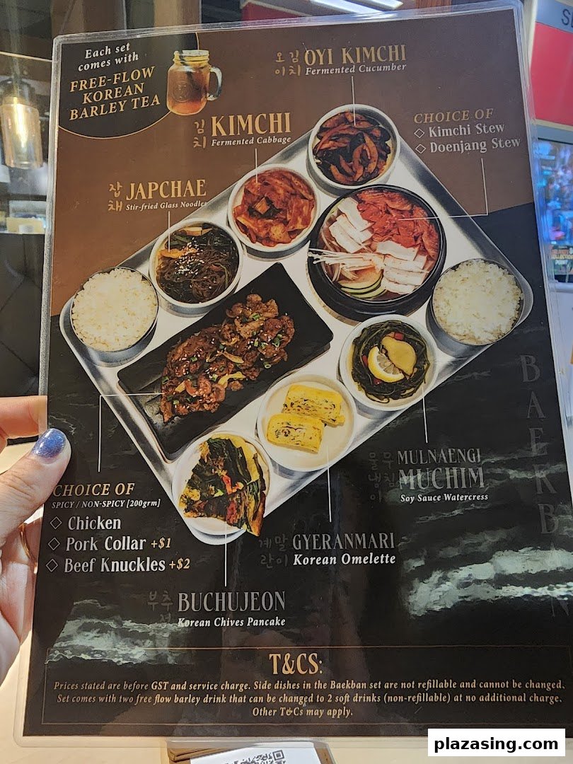 A detailed menu displaying a Korean set meal with various side dishes, main protein, and stew choices.
