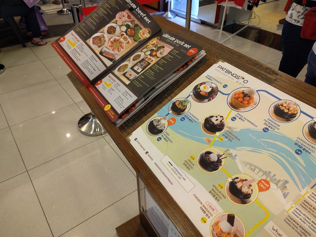 Menus for Korean BBQ sets and a variety of Korean shaved ice desserts (Patbingsoo).
