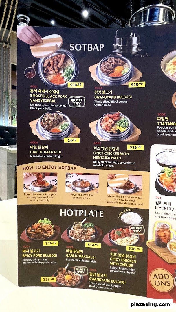 A vibrant menu board showcasing Korean SOTBAP and HOTPLATE dishes with prices and descriptions.
