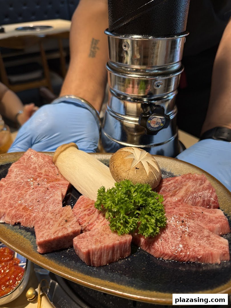 A plate of premium raw beef cuts with mushrooms and parsley, ready for grilling.