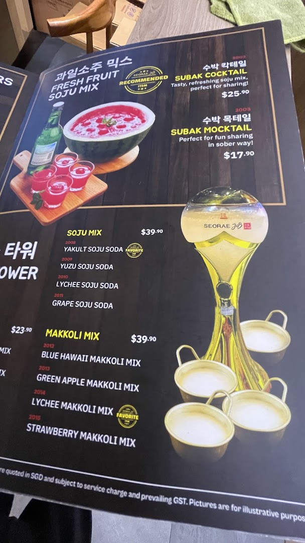 A menu displaying various Korean soju and makgeolli mixes, cocktails, and mocktails.