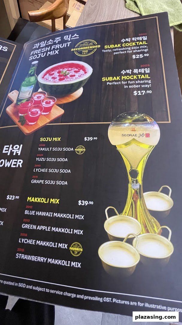 A menu displaying various Korean soju and makgeolli mixes, cocktails, and mocktails.