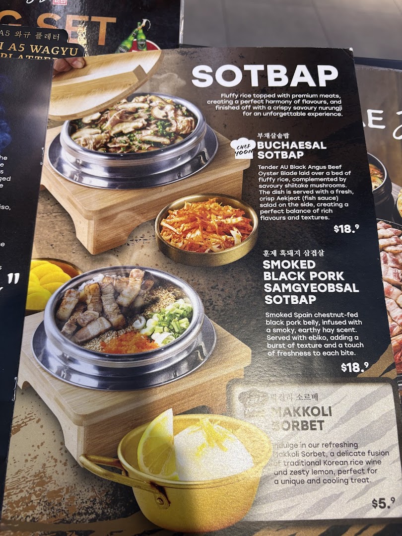 A detailed menu showcasing Korean rice dishes (Sotbap) and a refreshing Makgeolli sorbet.