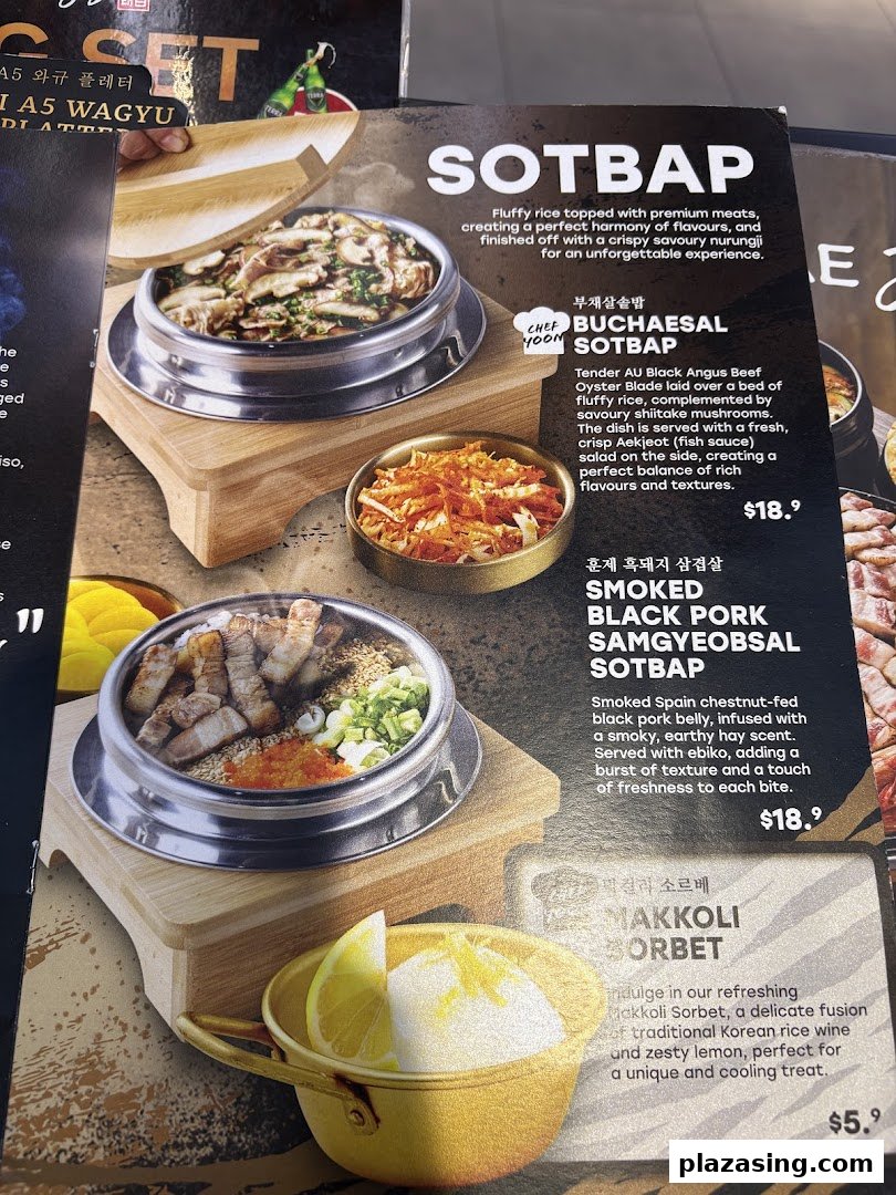 A detailed menu showcasing Korean rice dishes (Sotbap) and a refreshing Makgeolli sorbet.